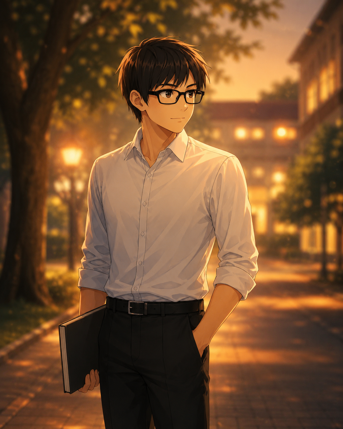 Nhân vật anime nam Bùi Trọng Nghĩa đeo kính, áo sơ mi trắng trong ánh hoàng hôn